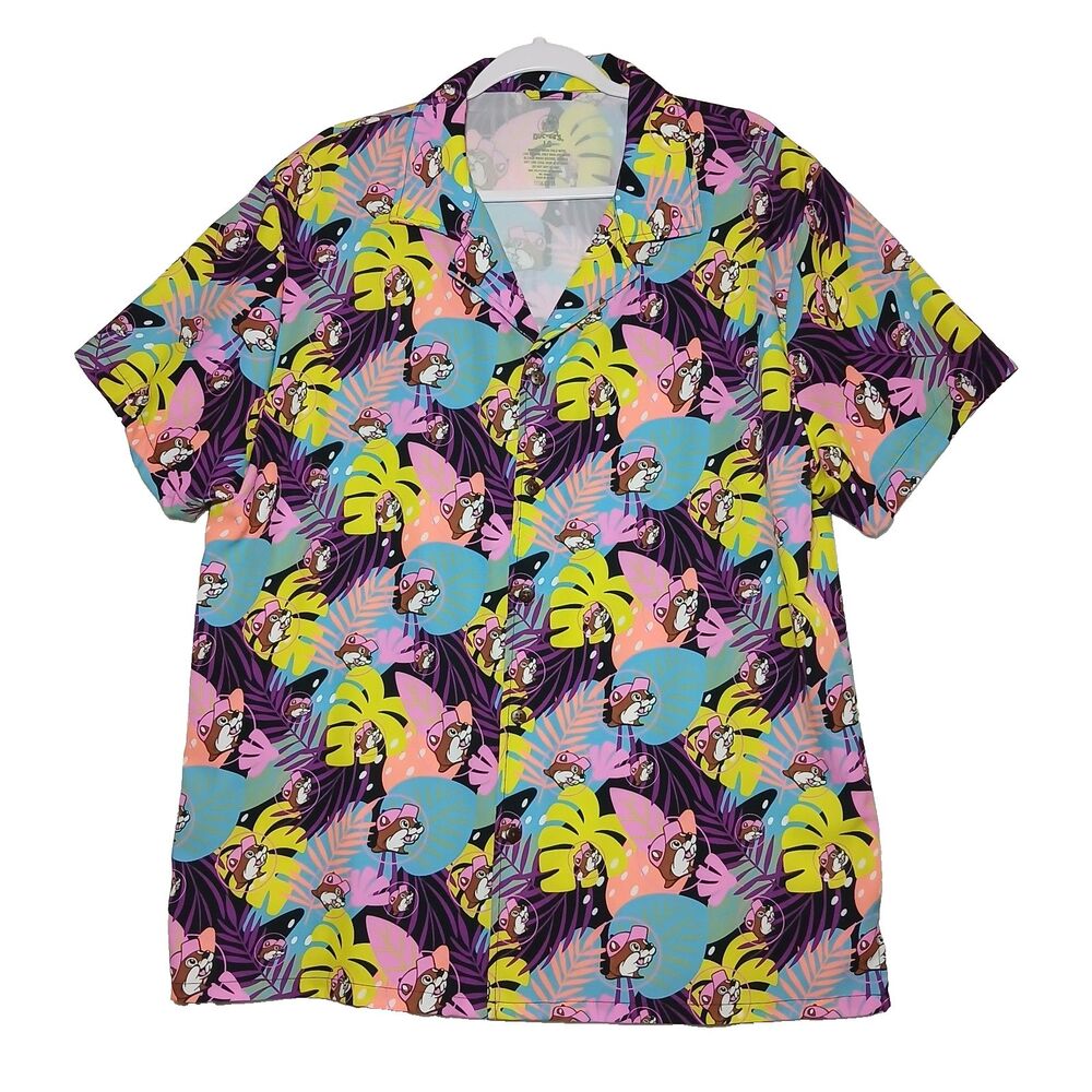 Buc-ees Mens L Hawaiian Button Down Shirt Purple Tropical Surf Beaver Print #986